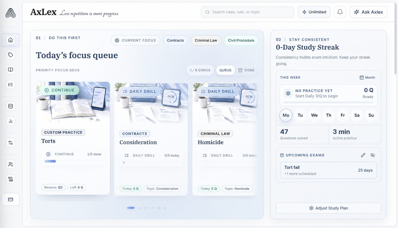 AxLex dashboard showing today's focus queue, study streak, practice cards, and upcoming exams